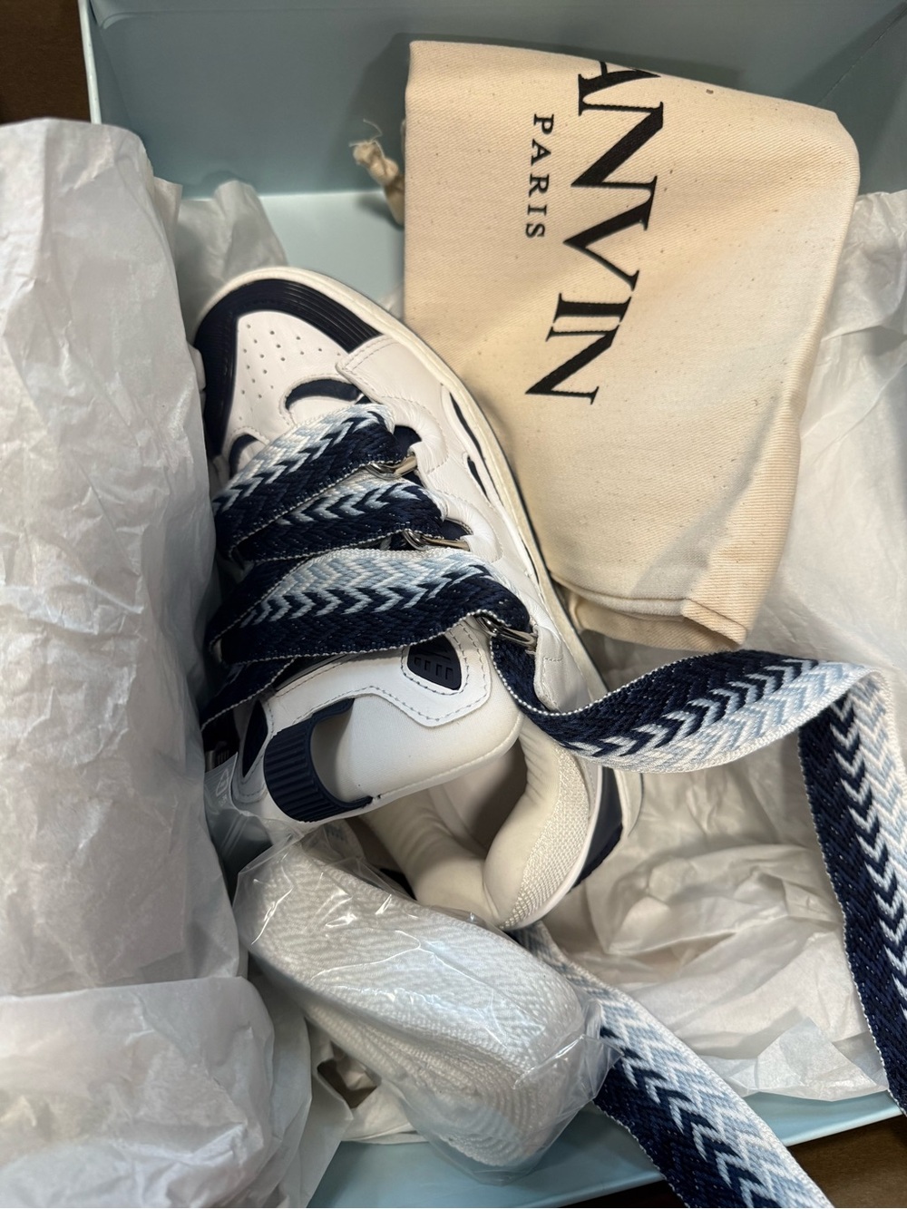Lanvin White and Navy Zigzag Ribbon Lace Sneakers